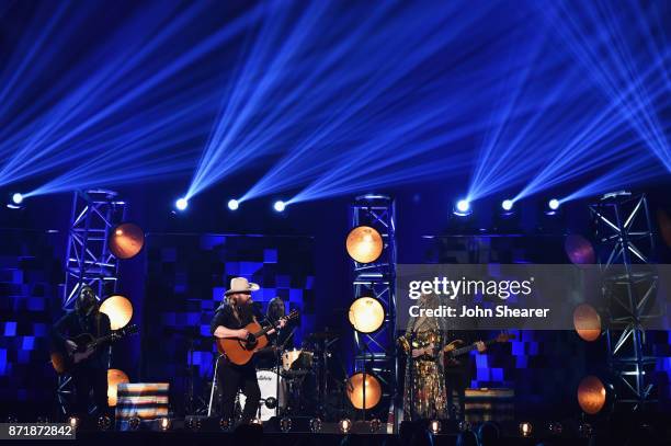 Chris Stapleton and Morgane Stapleton perform onstage at the 51st annual CMA Awards at the Bridgestone Arena on November 8, 2017 in Nashville,...