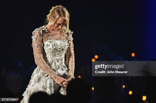 Host Carrie Underwood performs onstage at the 51st annual CMA Awards at the Bridgestone Arena on November 8, 2017 in Nashville, Tennessee.