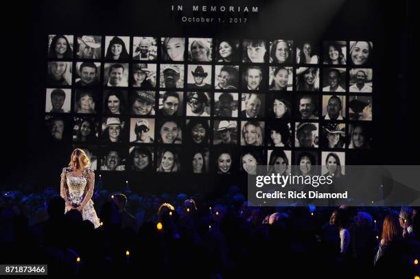 Host Carrie Underwood performs onstage at the 51st annual CMA Awards at the Bridgestone Arena on November 8, 2017 in Nashville, Tennessee.