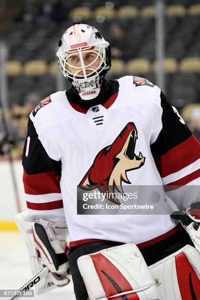 Arizona Coyotes Goalie Scott Wedgewood warms up before the NHL game between the Pittsburgh Penguins and the Arizona Coyotes on November 7 at PPG...