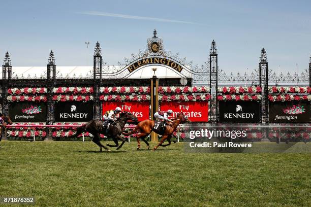 Jockey Damian Lane rides Another Coldie to win race 4, the Melbourne Cup Carnival Country Final on 2017 Oaks Day at Flemington Racecourse on November...