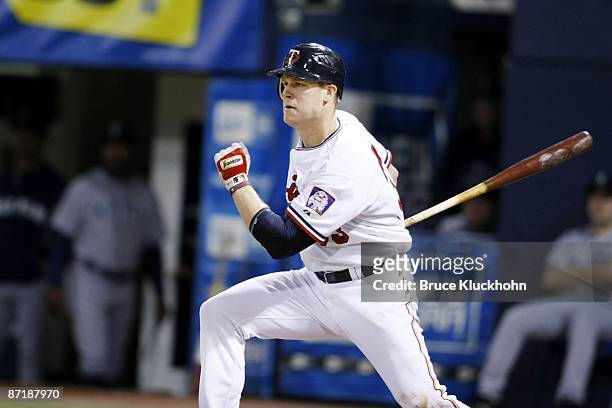 Justin Morneau of the Minnesota Twins bats against the Seattle Mariners on May 9, 2009 at the Metrodome in Minneapolis, Minnesota. The Twins won 9-6.