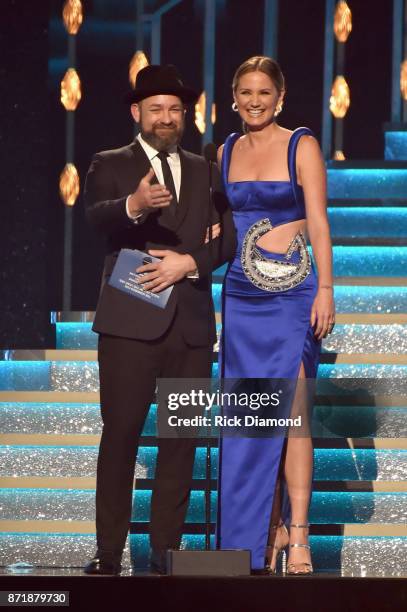 Kristian Bush and Jennifer Nettles speak onstage at the 51st annual CMA Awards at the Bridgestone Arena on November 8, 2017 in Nashville, Tennessee.