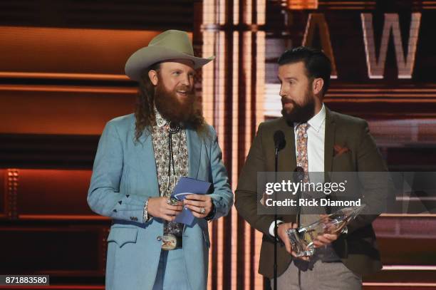 John Osborne and T.J. Osborne of Brothers Osborne accept an award onstage at the 51st annual CMA Awards at the Bridgestone Arena on November 8, 2017...