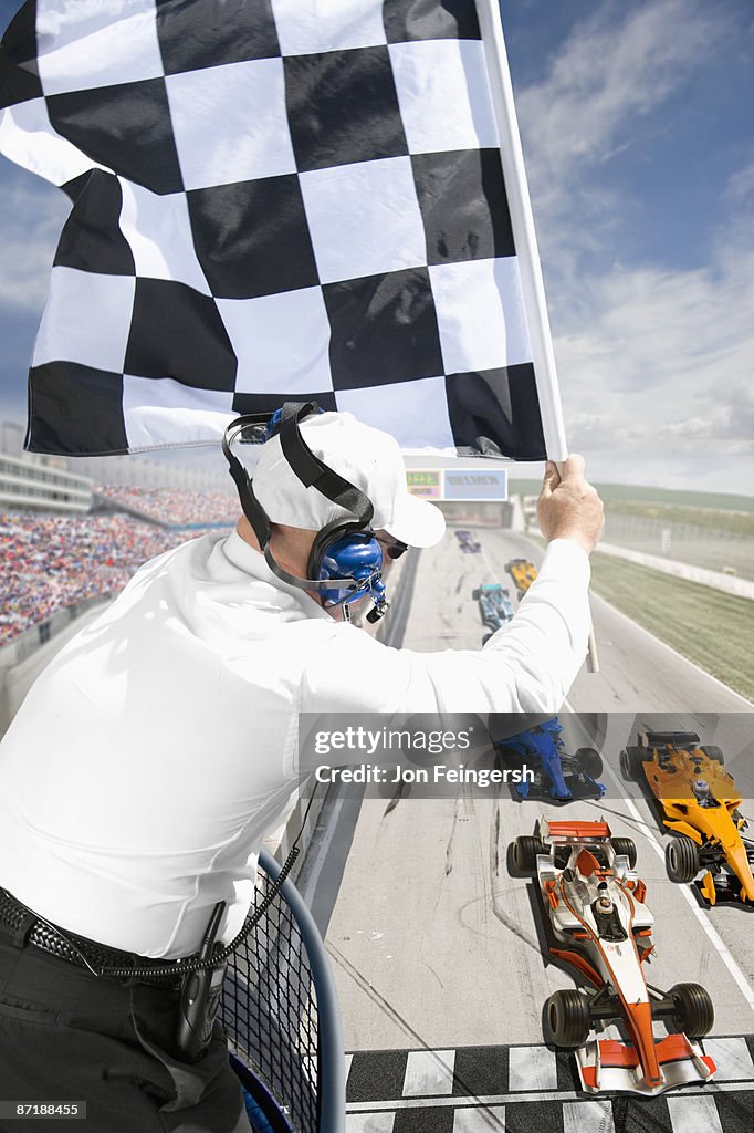 Flagman Races Openwheel Singleseater Racing Car Flagman Waving Checkered Flag High ...