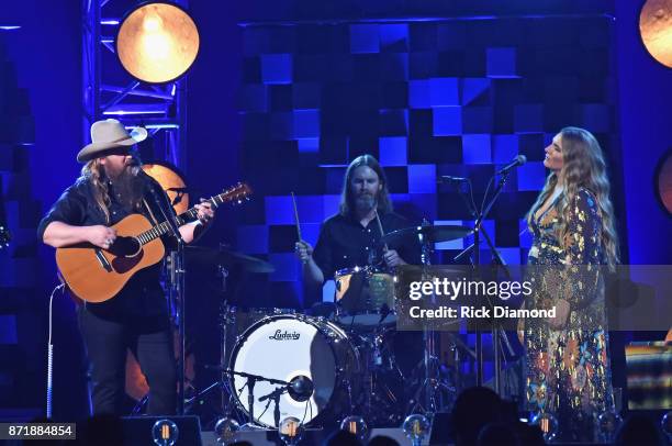 Chris Stapleton and Morgane Stapleton perform onstage at the 51st annual CMA Awards at the Bridgestone Arena on November 8, 2017 in Nashville,...