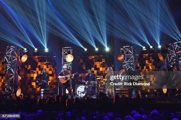 Chris Stapleton and Morgane Stapleton perform onstage at the 51st annual CMA Awards at the Bridgestone Arena on November 8, 2017 in Nashville,...