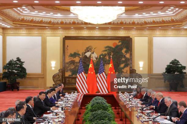 President Donald Trump and China's President Xi Jinping hold bilateral meetings at the Great Hall of the People on November 9, 2017 in Beijing,...