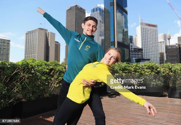Figure skating pair Harley Windsor and Ekaterina Alexandrovskaya pose for photographs during the Australia Winter Olympic Athlete Announcement at...