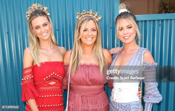 Nicky Brownless and her daughters Lucy Brownless and Ruby Brownless pose on Oaks Day at Flemington Racecourse on November 9, 2017 in Melbourne,...