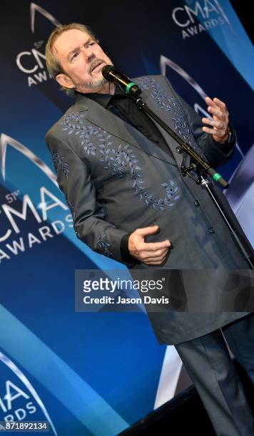 Singer Songwriter and Composer Jimmy Webb speaks in the press room during the 51st annual CMA Awards at the Bridgestone Arena on November 8, 2017 in...