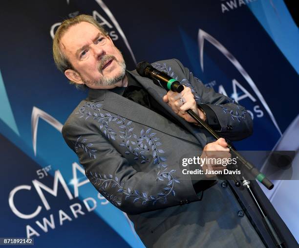 Singer Songwriter and Composer Jimmy Webb speaks in the press room during the 51st annual CMA Awards at the Bridgestone Arena on November 8, 2017 in...