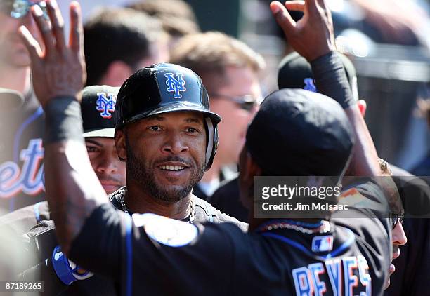 Gary Sheffield of the New York Mets celebrates his eighth inning home run against the Atlanta Braves on May 13, 2009 at Citi Field in the Flushing...