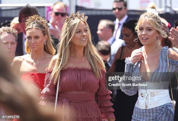 Nicky Brownless and her daughters Lucy Brownless and Ruby Brownless pose on Oaks Day at Flemington Racecourse on November 9, 2017 in Melbourne,...