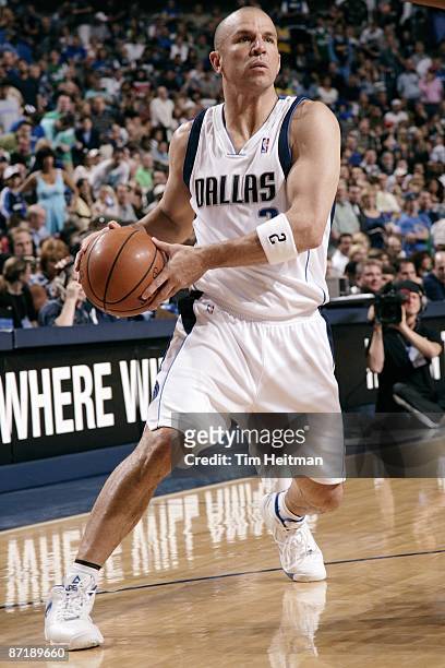 Jason Kidd of the Dallas Mavericks looks to make a move in Game Three of the Western Conference Semifinals during the 2009 NBA Playoffs against the...