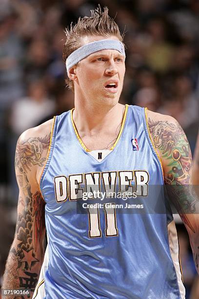 Chris Andersen of the Denver Nuggets looks on in Game Three of the Western Conference Semifinals during the 2009 NBA Playoffs against the Dallas...