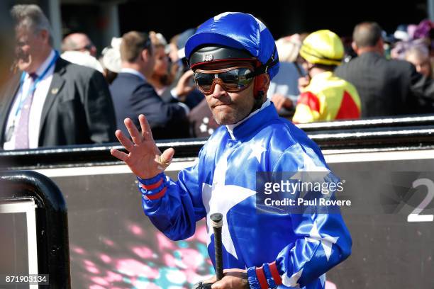 Jockey Michael Walker returns to scale on All Too Huiying after winning race 7, the Seppelt Wine Stakes on 2017 Oaks Day at Flemington Racecourse on...