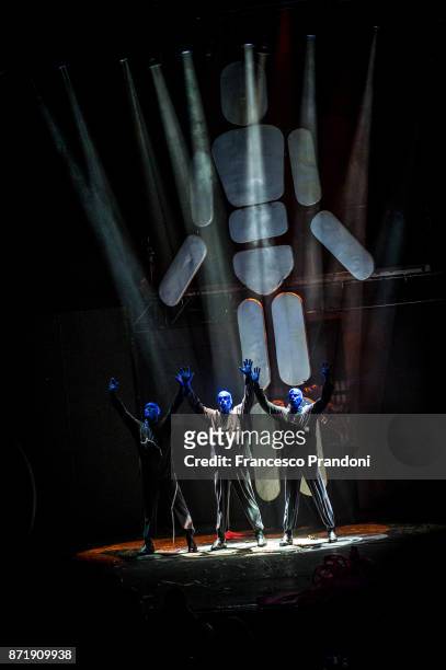 Blue Man Group performs on stage on November 8, 2017 in Milan, Italy.