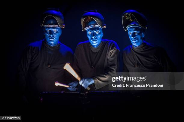 Blue Man Group performs on stage on November 8, 2017 in Milan, Italy.