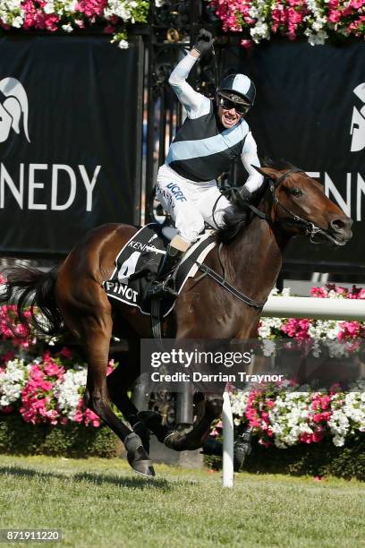 Stephen Baster rides Pinot to win race 8 the Kennedy Oaks on 2017 Oaks Day at Flemington Racecourse on November 9, 2017 in Melbourne, Australia.