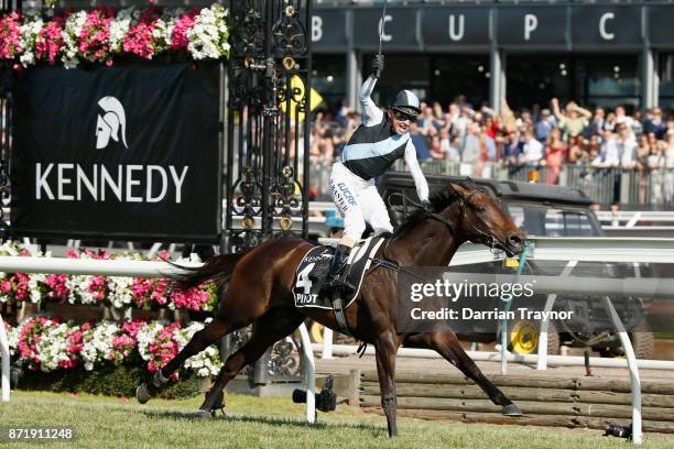 Stephen Baster rides Pinot to win race 8 the Kennedy Oaks on 2017 Oaks Day at Flemington Racecourse on November 9, 2017 in Melbourne, Australia.