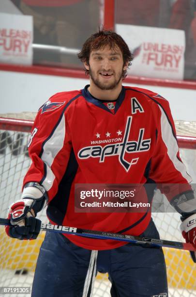 Alex Ovechkin of the Washington Capitals warms up before Game Seven of the Eastern Conference Semifinals of the 2009 NHL Stanley Cup Playoffs against...
