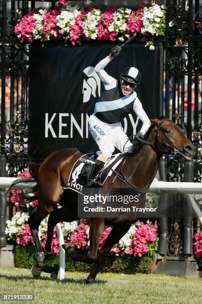 Stephen Baster rides Pinot to win race 8 the Kennedy Oaks on 2017 Oaks Day at Flemington Racecourse on November 9, 2017 in Melbourne, Australia.