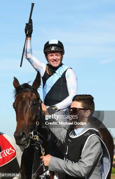 Stephen Baster riding Pinot wins race 8 the Kennedy Oaks on 2017 Oaks Day at Flemington Racecourse on November 9, 2017 in Melbourne, Australia.