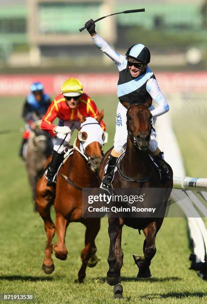 Stephen Baster rides Pinot to win race 8, the Kennedy Oaks, on 2017 Oaks Day at Flemington Racecourse on November 9, 2017 in Melbourne, Australia.