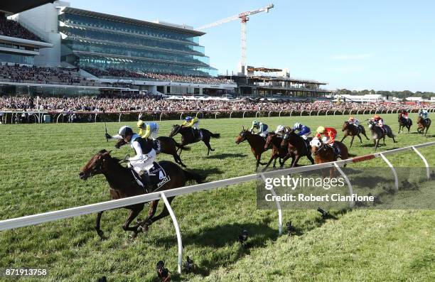 Stephen Baster rides Pinot to win race eight the Kennedy Oaks on 2017 Oaks Day at Flemington Racecourse on November 9, 2017 in Melbourne, Australia.