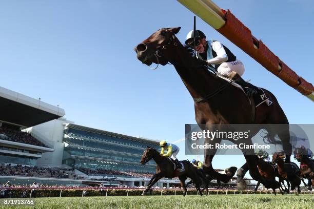 Stephen Baster rides Pinot to win race eight the Kennedy Oaks on 2017 Oaks Day at Flemington Racecourse on November 9, 2017 in Melbourne, Australia.