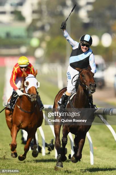Stephen Baster rides Pinot to win race 8, the Kennedy Oaks, on 2017 Oaks Day at Flemington Racecourse on November 9, 2017 in Melbourne, Australia.