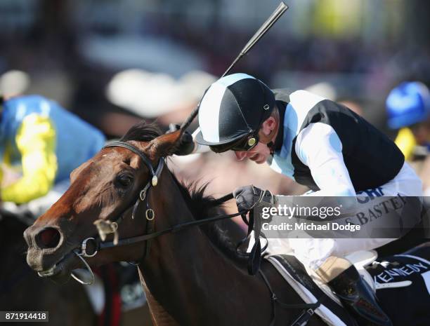 Stephen Baster riding Pinot wins race 8 the Kennedy Oaks on 2017 Oaks Day at Flemington Racecourse on November 9, 2017 in Melbourne, Australia.