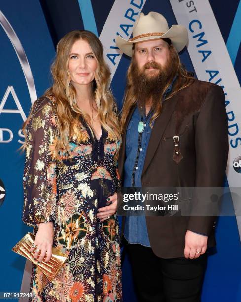 Morgane Stapleton and Chris Stapleton attend the 51st annual CMA Awards at the Bridgestone Arena on November 8, 2017 in Nashville, Tennessee.