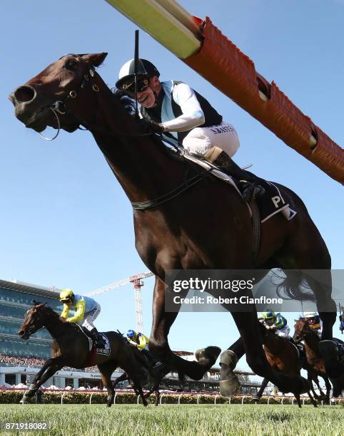 Stephen Baster rides Pinot to win race eight the Kennedy Oaks on 2017 Oaks Day at Flemington Racecourse on November 9, 2017 in Melbourne, Australia.