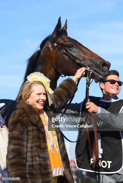 Trainer Gai Waterhouse poses with Pinot after winning Race 8, Kennedy Oaks on 2017 Oaks Day at Flemington Racecourse on November 9, 2017 in...