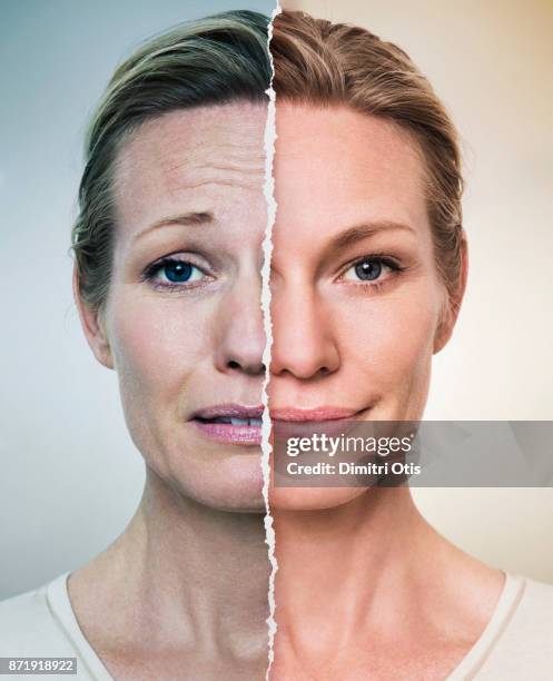 portrait of happy face torn in half, revealing sad face - franzir as sobrancelhas imagens e fotografias de stock