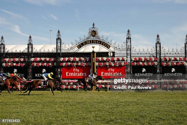 Jockey Stephen Baster rides Pinot to win race 8, the Kennedy Oaks, on 2017 Oaks Day at Flemington Racecourse on November 9, 2017 in Melbourne,...