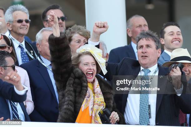 Trainer Gai Waterhouse celebrates as Stephen Baster riding Pinot wins race 8 the Kennedy Oaks on 2017 Oaks Day at Flemington Racecourse on November...