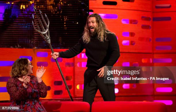 Sarah Millican and Jason Momoa during the filming of the Graham Norton Show at The London Studios, south London, to be aired on BBC One on Friday...