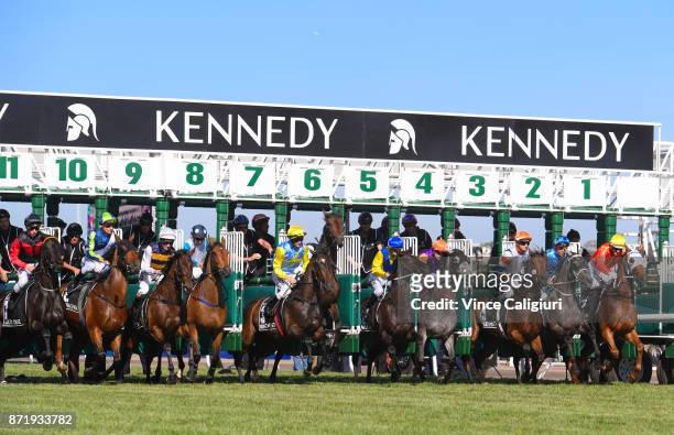Stephen Baster ridng Pinot misses the start and rears up in barrier six before winning Race 8, Kennedy Oaks on 2017 Oaks Day at Flemington Racecourse...