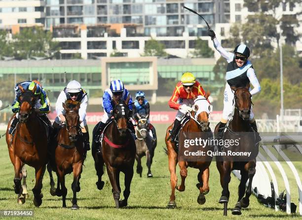 Stephen Baster rides Pinot to win race 8, the Kennedy Oaks, on 2017 Oaks Day at Flemington Racecourse on November 9, 2017 in Melbourne, Australia.