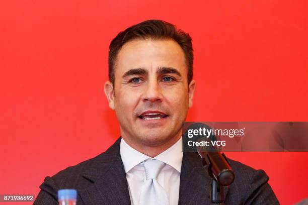New head coach of Guangzhou Evergrande Fabio Cannavaro attends a press conference on November 9, 2017 in Guangzhou, Guangdong Province of China....
