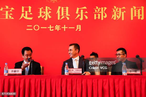 Chairman of Evergrande Group Xu Jiayin and new head coach of Guangzhou Evergrande Fabio Cannavaro attend a press conference on November 9, 2017 in...