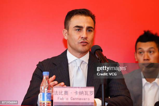 New head coach of Guangzhou Evergrande Fabio Cannavaro attends a press conference on November 9, 2017 in Guangzhou, Guangdong Province of China....