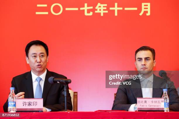 Chairman of Evergrande Group Xu Jiayin and new head coach of Guangzhou Evergrande Fabio Cannavaro attend a press conference on November 9, 2017 in...