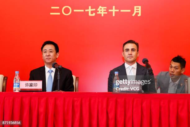 Chairman of Evergrande Group Xu Jiayin and new head coach of Guangzhou Evergrande Fabio Cannavaro attend a press conference on November 9, 2017 in...