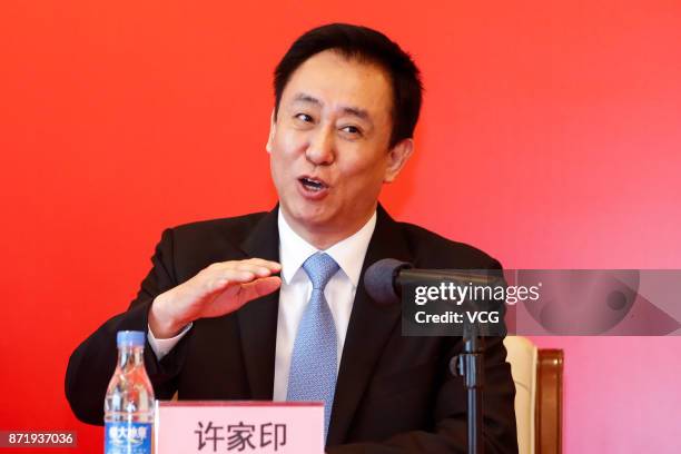 Chairman of Evergrande Group Xu Jiayin attends a press conference with new head coach of Guangzhou Evergrande Fabio Cannavaro on November 9, 2017 in...