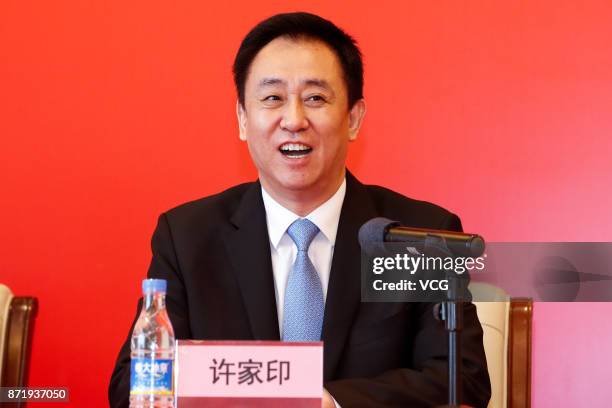 Chairman of Evergrande Group Xu Jiayin attends a press conference with new head coach of Guangzhou Evergrande Fabio Cannavaro on November 9, 2017 in...