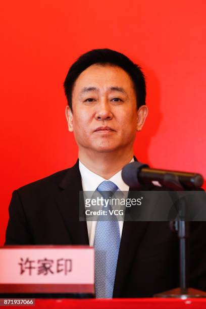 Chairman of Evergrande Group Xu Jiayin attends a press conference with new head coach of Guangzhou Evergrande Fabio Cannavaro on November 9, 2017 in...